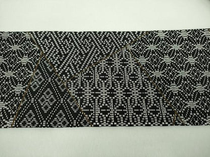 平和屋着物●九寸名古屋帯　刺し子　総刺繍　切嵌文様　黒地　正絹　逸品　未使用　DABD1723ps