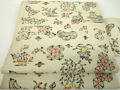 平和屋着物●九寸名古屋帯　紬地　紅型　吉祥花鳥文　正絹　逸品　DABD1724ps