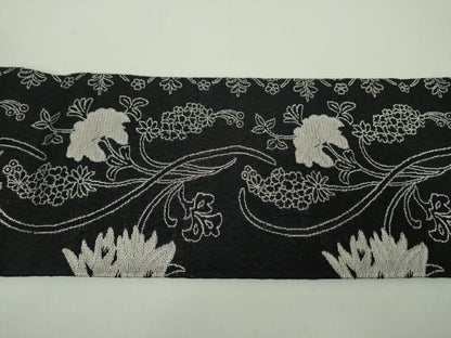 平和屋着物▽世界的友禅作家　千地泰弘　九寸名古屋帯　スリーシーズン　春夏秋　草花間道　黒地　銀糸　正絹　逸品　DABD1729ps