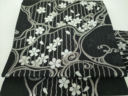 平和屋着物●九寸名古屋帯　流水桜　黒地　銀糸　正絹　逸品　DABD1731ps