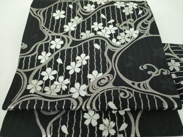 平和屋着物●九寸名古屋帯　流水桜　黒地　銀糸　正絹　逸品　DABD1731ps