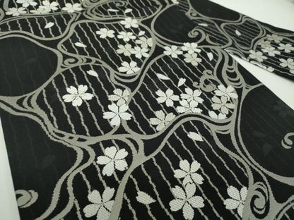 平和屋着物●九寸名古屋帯　流水桜　黒地　銀糸　正絹　逸品　DABD1731ps