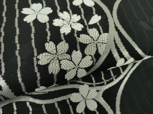 平和屋着物●九寸名古屋帯　流水桜　黒地　銀糸　正絹　逸品　DABD1731ps