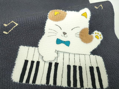 平和屋着物●九寸開き名古屋帯　絞り　手描き　猫　ピアノ　金彩　正絹　逸品　DABD1733ps