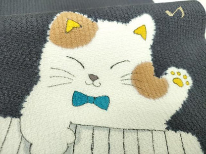 平和屋着物●九寸開き名古屋帯　絞り　手描き　猫　ピアノ　金彩　正絹　逸品　DABD1733ps