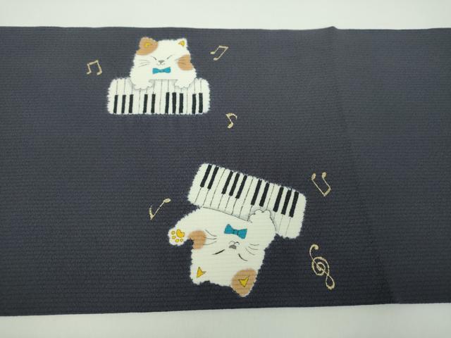 平和屋着物●九寸開き名古屋帯　絞り　手描き　猫　ピアノ　金彩　正絹　逸品　DABD1733ps