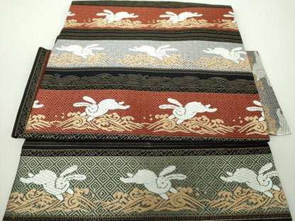 平和屋着物●つけ帯　唐織　立波に兎　正絹　逸品　DABD1736ps
