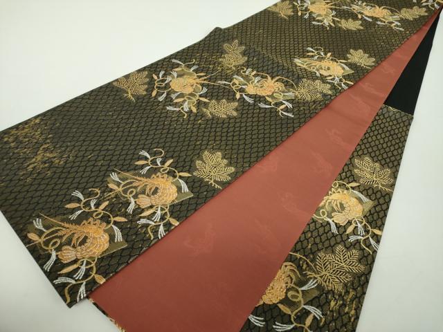 平和屋着物●世界的友禅作家　千地泰弘　六通柄袋帯　伊勢海老　黒地　金銀糸　正絹　逸品　DABD1739ps