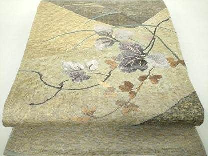 平和屋着物▽太鼓柄袋帯　スリーシーズン　春夏秋　紬地　すくい織　草葉文　芒　正絹　逸品　DABD1747ps
