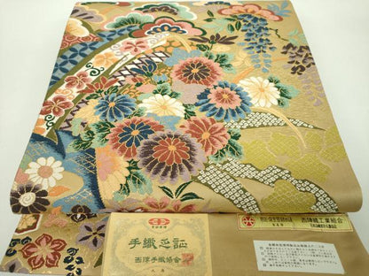 平和屋着物●西陣　白綾苑大庭　六通柄袋帯　唐織　雪芝吉祥花文　金糸　証紙付き　正絹　逸品　DABD1756ps