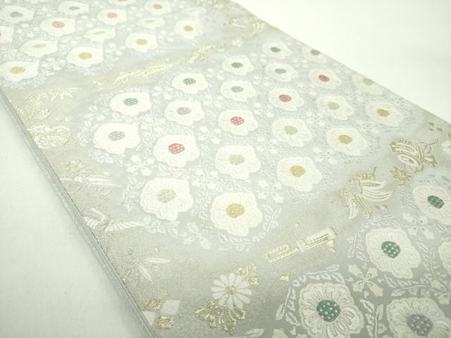 平和屋着物●有職彩絵師　林美木子　両面　六通柄袋帯　唐織　花宝　浜梨に有職宝尽し文　金銀糸　反端付き　正絹　逸品　DABD1758ps