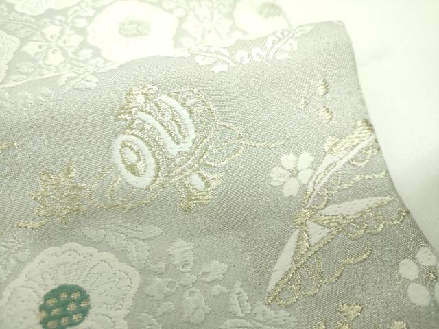 平和屋着物●有職彩絵師　林美木子　両面　六通柄袋帯　唐織　花宝　浜梨に有職宝尽し文　金銀糸　反端付き　正絹　逸品　DABD1758ps