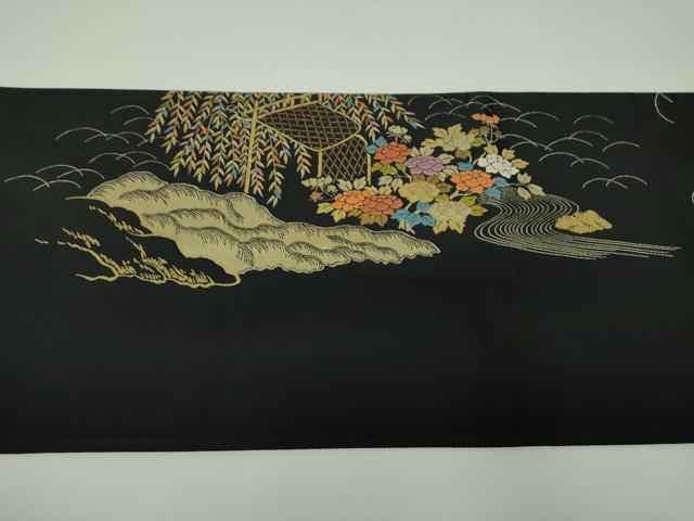 平和屋着物●六通柄袋帯　唐織　風景花文　黒地　金糸　正絹　逸品　DABD1774ps