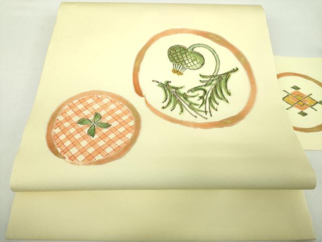 平和屋着物●銀座　志ま亀　塩瀬　九寸名古屋帯　手描き　花丸文　金彩　たとう紙付き　正絹　逸品　DABD1777ps