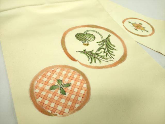 平和屋着物●銀座　志ま亀　塩瀬　九寸名古屋帯　手描き　花丸文　金彩　たとう紙付き　正絹　逸品　DABD1777ps