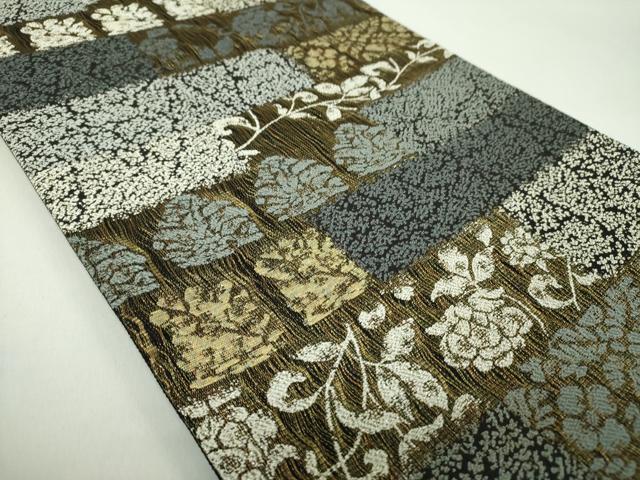 平和屋着物●六通柄袋帯　櫛織り　本泥染　名物裂花文　花兎　金糸　正絹　逸品　DABD1789ps