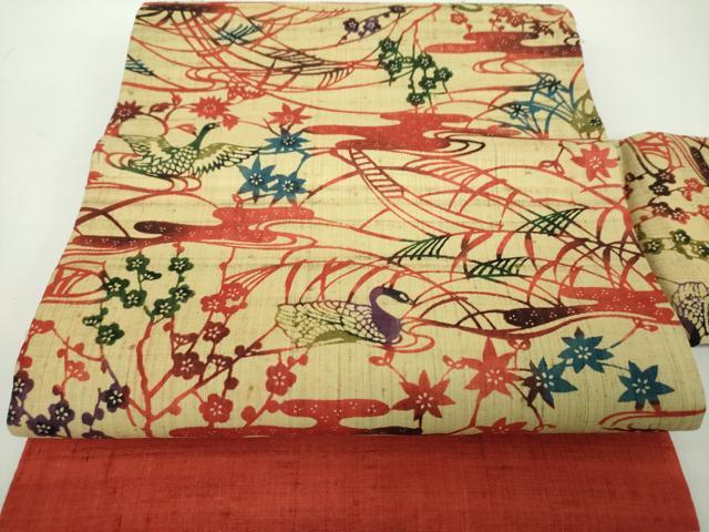 平和屋着物▽九寸名古屋帯　スリーシーズン　春夏秋　生紬　紅型　竜田川　花鳥文　正絹　逸品　未使用　DABD1790ps