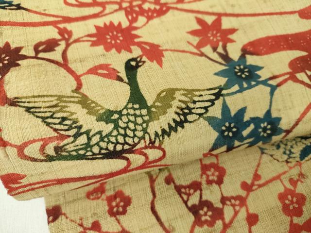 平和屋着物▽九寸名古屋帯　スリーシーズン　春夏秋　生紬　紅型　竜田川　花鳥文　正絹　逸品　未使用　DABD1790ps