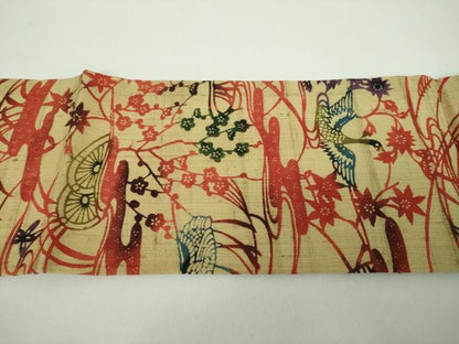 平和屋着物▽九寸名古屋帯　スリーシーズン　春夏秋　生紬　紅型　竜田川　花鳥文　正絹　逸品　未使用　DABD1790ps