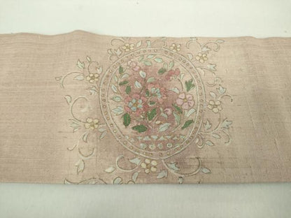 平和屋着物●九寸名古屋帯　生紬　手描き　鹿花文　金彩　正絹　逸品　DABD1793ps