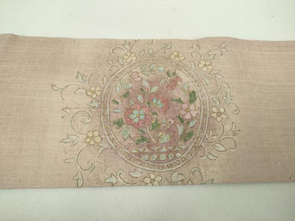 平和屋着物●九寸名古屋帯　生紬　手描き　鹿花文　金彩　正絹　逸品　DABD1793ps