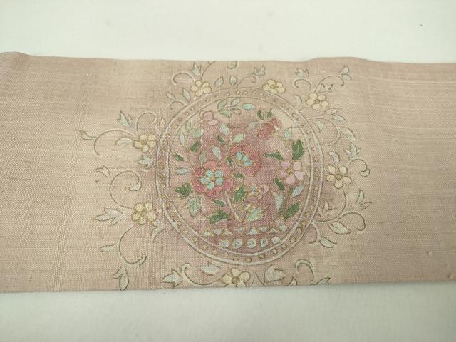 平和屋着物●九寸名古屋帯　生紬　手描き　鹿花文　金彩　正絹　逸品　DABD1793ps