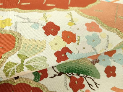 平和屋着物●爪掻き本綴れ　八寸名古屋帯　檜扇花文　金銀糸　正絹　逸品　DABD1800ps