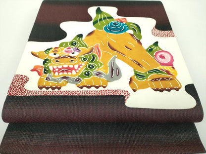 平和屋着物●太鼓柄袋帯　絞り　切嵌　紅型　シーサー　ラメ糸　正絹　逸品　DABD1802ps