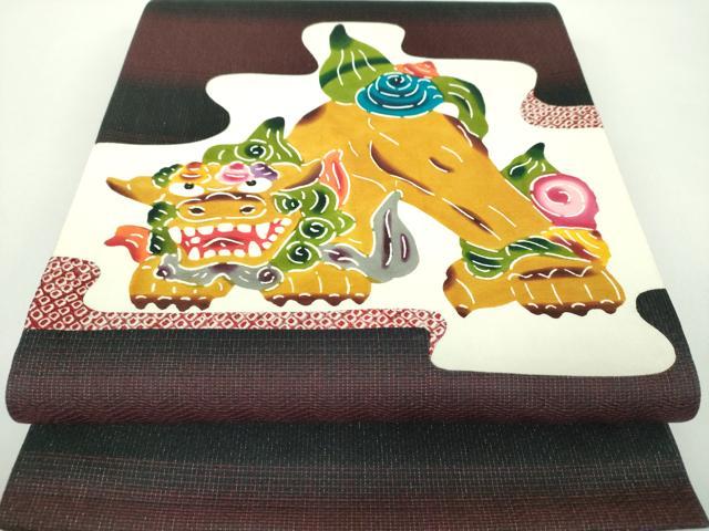 平和屋着物●太鼓柄袋帯　絞り　切嵌　紅型　シーサー　ラメ糸　正絹　逸品　DABD1802ps