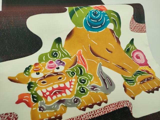 平和屋着物●太鼓柄袋帯　絞り　切嵌　紅型　シーサー　ラメ糸　正絹　逸品　DABD1802ps