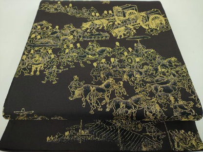 平和屋着物●全通柄袋帯　洛中洛外図　黒地　金糸　正絹　逸品　DABD1803ps