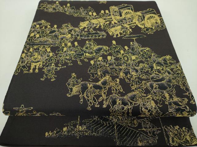 平和屋着物●全通柄袋帯　洛中洛外図　黒地　金糸　正絹　逸品　DABD1803ps