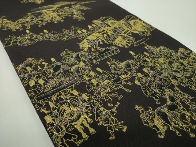 平和屋着物●全通柄袋帯　洛中洛外図　黒地　金糸　正絹　逸品　DABD1803ps