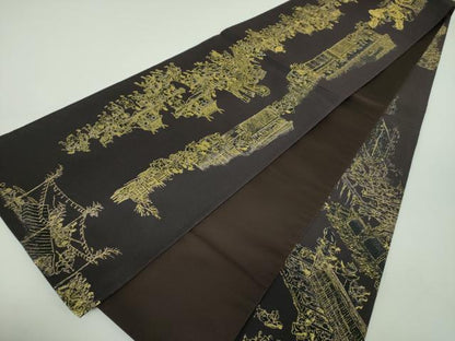 平和屋着物●全通柄袋帯　洛中洛外図　黒地　金糸　正絹　逸品　DABD1803ps