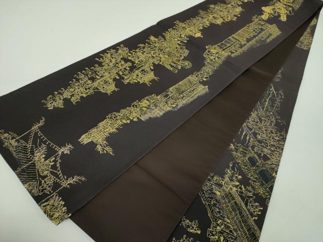 平和屋着物●全通柄袋帯　洛中洛外図　黒地　金糸　正絹　逸品　DABD1803ps