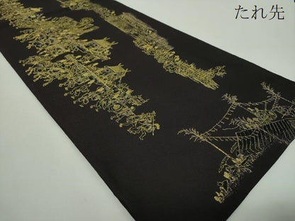 平和屋着物●全通柄袋帯　洛中洛外図　黒地　金糸　正絹　逸品　DABD1803ps