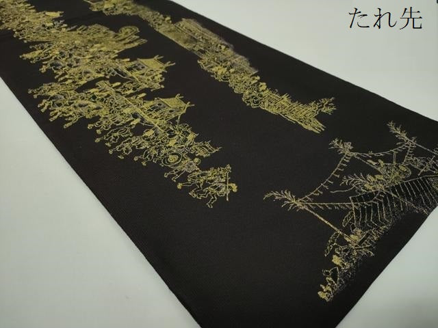 平和屋着物●全通柄袋帯　洛中洛外図　黒地　金糸　正絹　逸品　DABD1803ps