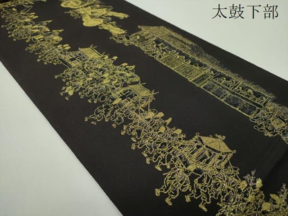 平和屋着物●全通柄袋帯　洛中洛外図　黒地　金糸　正絹　逸品　DABD1803ps