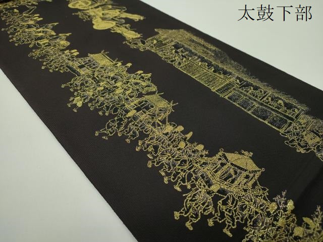 平和屋着物●全通柄袋帯　洛中洛外図　黒地　金糸　正絹　逸品　DABD1803ps