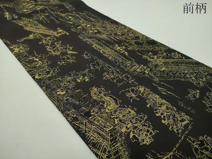 平和屋着物●全通柄袋帯　洛中洛外図　黒地　金糸　正絹　逸品　DABD1803ps