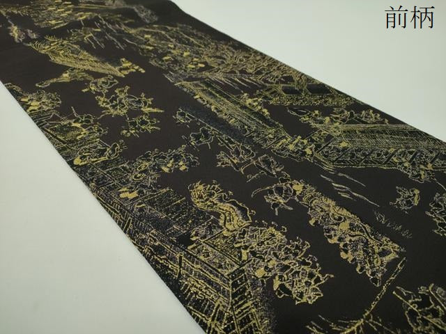 平和屋着物●全通柄袋帯　洛中洛外図　黒地　金糸　正絹　逸品　DABD1803ps