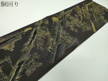 平和屋着物●全通柄袋帯　洛中洛外図　黒地　金糸　正絹　逸品　DABD1803ps