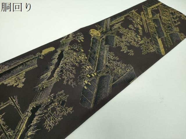 平和屋着物●全通柄袋帯　洛中洛外図　黒地　金糸　正絹　逸品　DABD1803ps