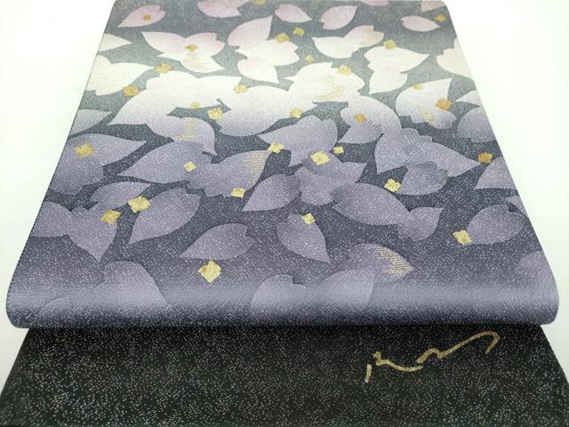 平和屋着物●ファッションデザイナー　HIROKO KOSHINO　コシノヒロコ　太鼓柄袋帯　舞花文　黒地　金彩　銀通し地　正絹　逸品　DABD1806ps