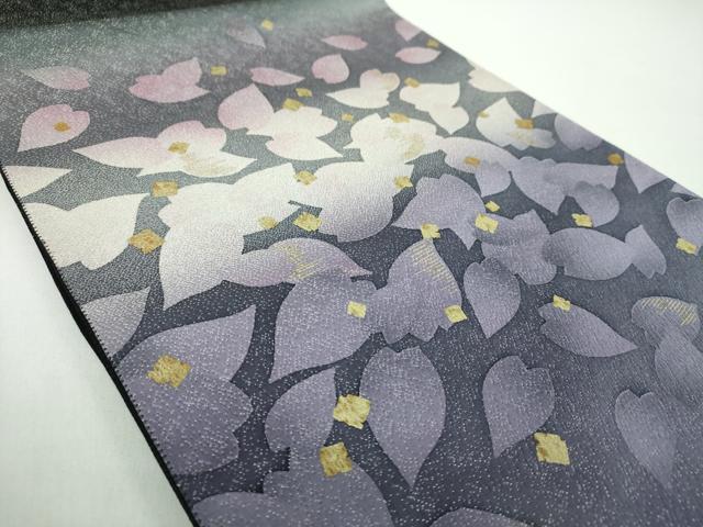 平和屋着物●ファッションデザイナー　HIROKO KOSHINO　コシノヒロコ　太鼓柄袋帯　舞花文　黒地　金彩　銀通し地　正絹　逸品　DABD1806ps