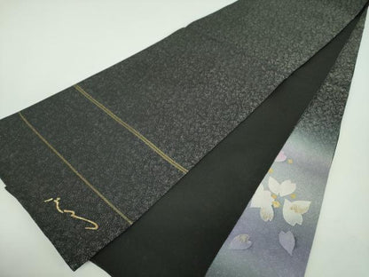 平和屋着物●ファッションデザイナー　HIROKO KOSHINO　コシノヒロコ　太鼓柄袋帯　舞花文　黒地　金彩　銀通し地　正絹　逸品　DABD1806ps