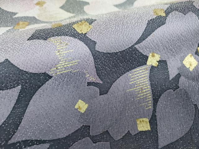平和屋着物●ファッションデザイナー　HIROKO KOSHINO　コシノヒロコ　太鼓柄袋帯　舞花文　黒地　金彩　銀通し地　正絹　逸品　DABD1806ps