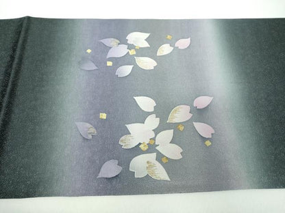 平和屋着物●ファッションデザイナー　HIROKO KOSHINO　コシノヒロコ　太鼓柄袋帯　舞花文　黒地　金彩　銀通し地　正絹　逸品　DABD1806ps