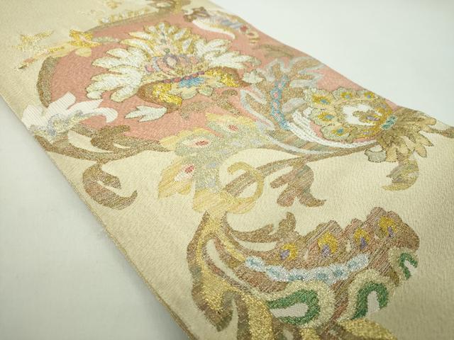平和屋着物●綴れ　太鼓柄袋帯　更紗花文　金銀糸　正絹　逸品　未使用　DABD1807ps