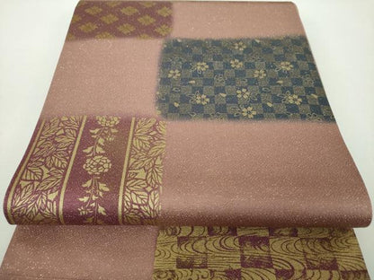 平和屋着物●全通柄袋帯　市松花文　金彩　金通し地　正絹　逸品　未使用　DABD1810ps